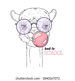 Vector hand drawn illustration. Portrait of cute alpaca. Sketch art. Each object can be changed and moved for your design.