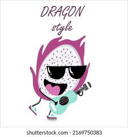 Vector hand drawn illustration. Portrait of a cute cheerful pitahaya in spectacular glasses with a guitar or ukulele in his hands, in sneakers, the illustration is suitable for a party.