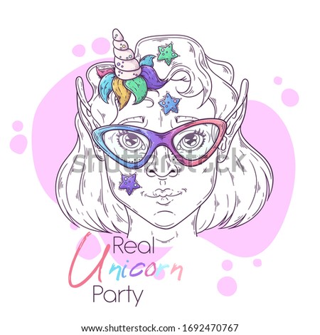 Vector hand drawn illustration. Portrait of the cute girl with a magic unicorn horn. Each object can be changed and moved for your design.