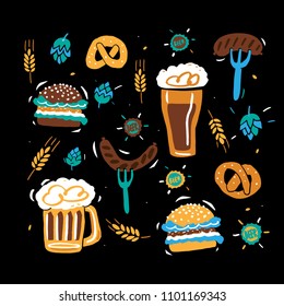 Vector hand drawn illustration. Poster for the bar. Set with beer elements.