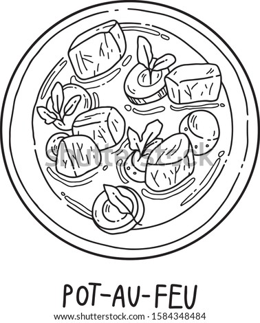 Vector hand drawn illustration of Pot-au-feu. French cuisine, traditional dish. Flat and cartoon style, isolated on white background. For menu, restaurants, cafe, market, print design.
