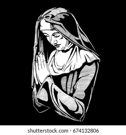 Vector hand drawn illustration of praying nun in vintage engraved style. isolated on black background.
