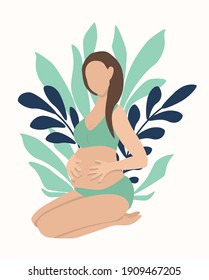 
vector hand drawn illustration of a pregnant girl hugging her belly. plants next to her. trending flat illustration on pregnancy and motherhood for magazines, websites, apps