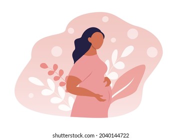 vector hand drawn illustration. pregnant woman hugging her belly. plants next to her. trending flat illustration on pregnancy and motherhood for magazines, websites, apps