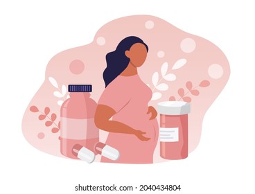 ilustración dibujada a mano vectorial. mujer embarazada abrazando su vientre. pastillas, pastillas junto a ella. Ilustración plana sobre embarazo, vitaminas, medicamentos para embarazadas. para revistas, sitios web, aplicaciones