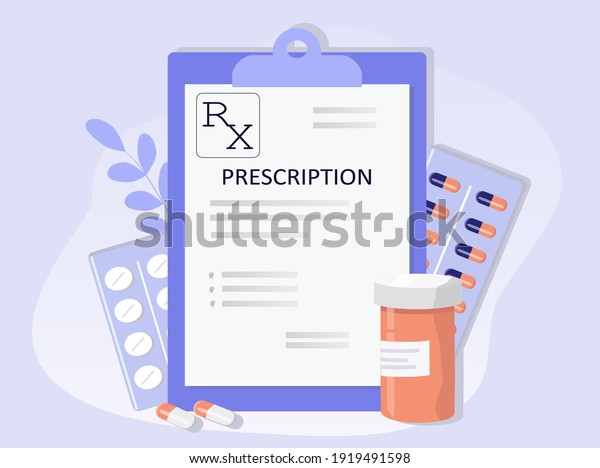 vector hand drawn illustration - prescription for
medicines and jars and blisters with pills. picture on the topic of
medicine and pharmacology. flat illustration for magazines,
websites and apps