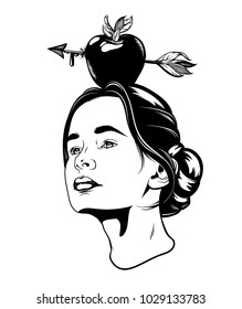 Vector hand drawn illustration of pretty girl and apple with arrow. Tattoo artwork with female portrait. Template for card, poster, banner, print for t-shirt.