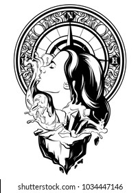 Vector hand drawn illustration of pretty woman with waves and rock. Creative tattoo artwork with vintage compass. Template for card, poster, banner, print for t-shirt.