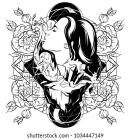 Vector hand drawn illustration of pretty woman with waves and rock. Creative tattoo artwork with geometric composition and flowers. Template for card, poster, banner, print for t-shirt.