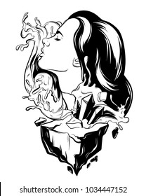 Vector hand drawn illustration of pretty woman with waves and rock. Creative tattoo artwork. Template for card, poster, banner, print for t-shirt.