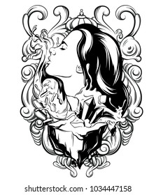 Vector hand drawn illustration of pretty woman with waves and rock. Creative tattoo artwork with baroque frame. Template for card, poster, banner, print for t-shirt.