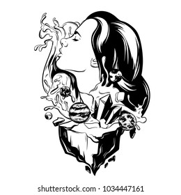 Vector hand drawn illustration of pretty woman with waves and rock. Creative tattoo artwork with planets. Template for card, poster, banner, print for t-shirt.
