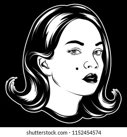 Vector hand drawn illustration of pretty girl. Tattoo artwork. Template for card, poster. banner, print for t-shirt, pin, badge, patch.