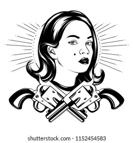 Vector hand drawn illustration of pretty girl with th guns. Creative tattoo artwork. Template for card, poster. banner, print for t-shirt, pin, badge, patch.