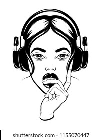 Vector hand drawn illustration of pretty young woman in headphones biting her finger. Template for card, poster. banner, print for t-shirt, pin, badge, patch.