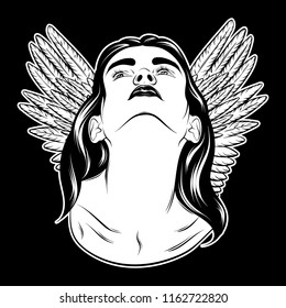 Vector hand drawn illustration of pretty young girl with wings isolated. Creative tattoo artwork. Template for card, poster. banner, print for t-shirt, pin, badge, patch.