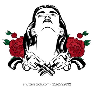 Vector hand drawn illustration of pretty young woman with flowers and guns isolated. Creative tattoo artwork. Template for card, poster. banner, print for t-shirt, pin, badge, patch.