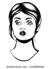 Vector hand drawn illustration of pretty girl with four eyes. Creative tattoo artwork. Template for card, poster. banner, print for t-shirt, pin, badge, patch.
