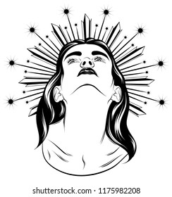 Vector hand drawn illustration of pretty lady isolated. Creative tattoo artwork. Template for card, poster, banner, print for t-shirt, pin, badge, patch.