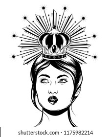 Vector hand drawn illustration of pretty lady in crown isolated. Creative tattoo artwork. Template for card, poster, banner, print for t-shirt, pin, badge, patch.