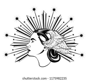 Vector dibujado a mano ilustración de dama bonita con alas y rayos aislados. Obra de arte creativa del tatuaje. Plantilla para la tarjeta, cartel, Anuncio, impresión para la camiseta, alfiler, insignia, parche.