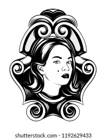 Vector hand drawn illustration of pretty girl in frame. Creative realistic tattoo artwork. Template for card, poster, banner, print for t-shirt, pin, badge, patch.