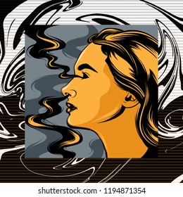 Vector hand drawn illustration of pretty woman with smoke . Template for card, poster, banner, print for t-shirt, pin, badge, patch.