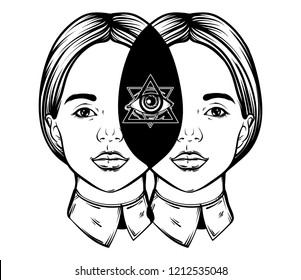 Vector hand drawn illustration of pretty girls with all seeing eye in her head . Creative tattoo artwork. Template for card, poster, banner, print for t-shirt, pin, badge, patch.