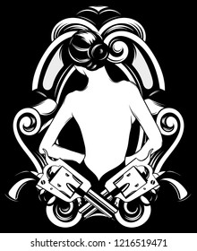 Vector hand drawn illustration of pretty woman with guns and baroque frame. Creative tattoo artwork. Template for card, poster, banner, print for t-shirt, pin, badge, patch.