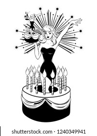 Vector Hand Drawn Illustration Of Pretty Girl In Cake . Creative Tattoo Artwork. Template For Card, Poster, Banner, Print For T-shirt, Pin, Badge, Patch.