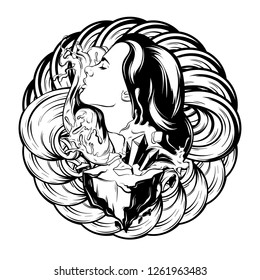Vector hand drawn illustration of pretty yong girl with rock and wave and ornament isolated. Creative tattoo artwork. Template for card, poster, banner, print for t-shirt, pin, badge, patch.