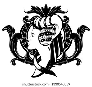 Vector hand drawn illustration of pretty woman in hystorical headdress isolated. Creative tattoo artwork. Template for card, poster. banner, print for t-shirt, pin, badge, patch.