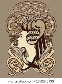 Vector hand drawn illustration of pretty woman in hystorical headdress isolated. Creative tattoo artwork. Template for card, poster. banner, print for t-shirt, pin, badge, patch.
