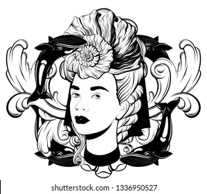 Vector hand drawn illustration of pretty woman isolated. Creative tattoo artwork. Template for card, poster. banner, print for t-shirt, pin, badge, patch.