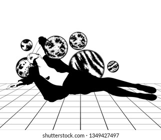 Vector hand drawn illustration of pretty lying woman with planets isolated. Template for card, poster. banner, print for t-shirt, pin, badge, patch.