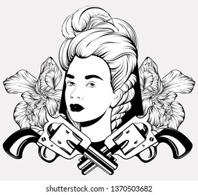 Vector hand drawn illustration of pretty woman with guns and flowers isolated. Tattoo artwork. Template for card, poster. banner, print for t-shirt, pin, badge, patch.