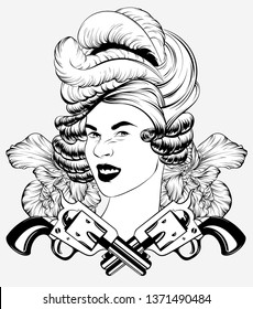 Vector hand drawn illustration of pretty woman with guns and flowers isolated. Tattoo artwork. Template for card, poster. banner, print for t-shirt, pin, badge, patch.