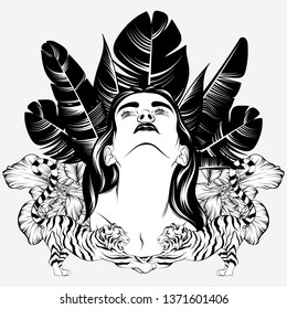 Vector hand drawn illustration of pretty woman with palm leaves , flowers, tigers isolated. Surrealistic tattoo artwork. Template for card, poster. banner, print for t-shirt, pin, badge, patch.