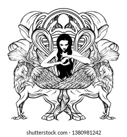 Vector hand drawn illustration of pretty witch with hippogriff isolated. Surrealistic tattoo artwork. Template for card, poster. banner, print for t-shirt, pin, badge, patch.