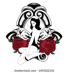 Vector hand drawn illustration of pretty girl with flowers and guns in knee socks and swimsuit isolated. Tattoo artwork. Template for card, poster. banner, print for t-shirt, pin, badge, patch.