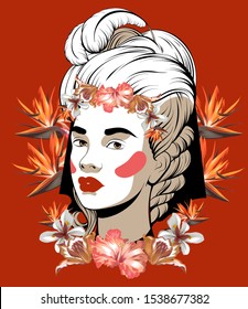 Vector hand drawn illustration of pretty girl with flowers isolated. Creative artwork.  Template for card, poster, banner, print for t-shirt, pin, badge, patch.