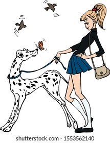 Vector hand drawn illustration .Pretty young blonde girl wearing blue short skirt and black turtleneck walking with big dalmatian dog in the park. .
French style clothes. Flying birds and butterfly.