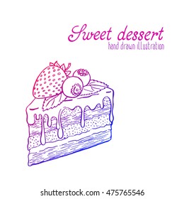 Vector hand drawn illustration of pretty tasty and cute cake. Delicious dessert.