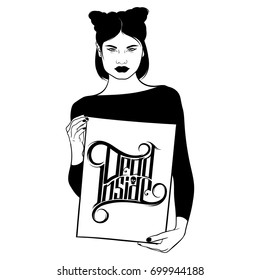 Vector hand drawn illustration of pretty woman with table in her hands. Unique handwritten lettering. Tattoo artwork. Template for poster, card, print for t-shirt, banner.