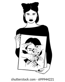 Vector hand drawn illustration of pretty woman with painting in her hands. Tattoo artwork. Template for poster, card, print for t-shirt, banner.