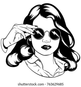 Vector hand drawn illustration of pretty girl in sunglasses. Hand sketched portrait isolated. Template for card, poster, banner, print for t-shirt