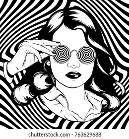 Vector hand drawn illustration of pretty girl in sunglasses. Surreal artwork. Female portrait isolated. Template for card, poster, banner, print for t-shirt.