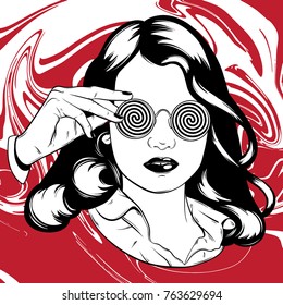 Vector hand drawn illustration of pretty girl in sunglasses. Surreal artwork. Female portrait isolated. Template for card, poster, banner, print for t-shirt