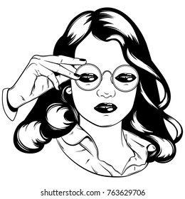 Vector hand drawn illustration of pretty girl in sunglasses. Surreal artwork. Female portrait isolated. Template for card, poster, banner, print for t-shirt.