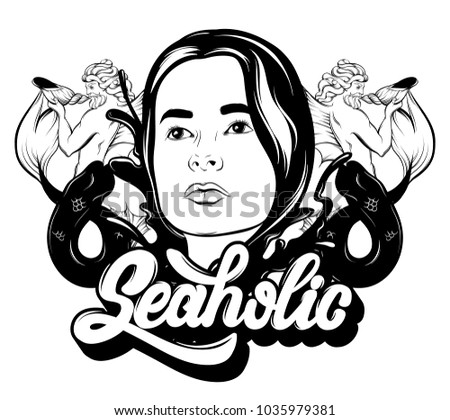 Vector hand drawn illustration of pretty woman with waves, tritons and handwritten lettering . Creative tattoo artwork. Template for card, poster, banner, print for t-shirt.